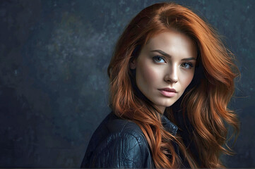 Fototapeta premium Auburn Hair Young Woman Black Leather Jacket Dark Room Background Copy Space