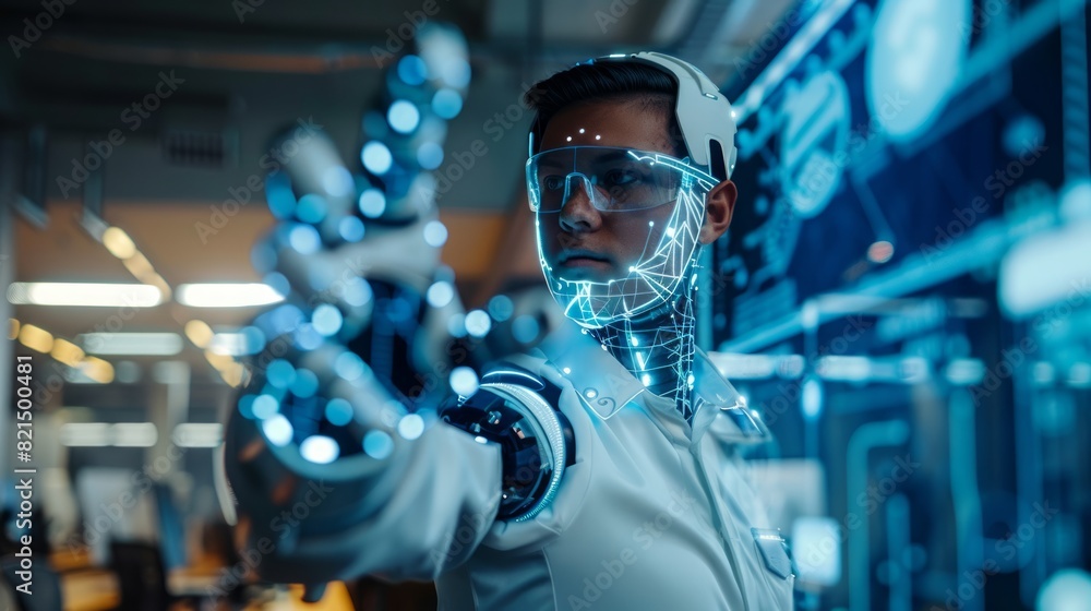 Poster hi-tech office with robot human using gesture-controlled interfaces