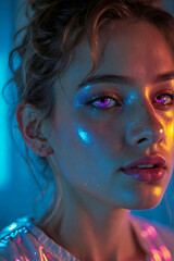 Fototapeta premium Abstract Neon Holographic Close Up Young Woman Brown Hair Glowing Purple Eyes Reflective Jacket
