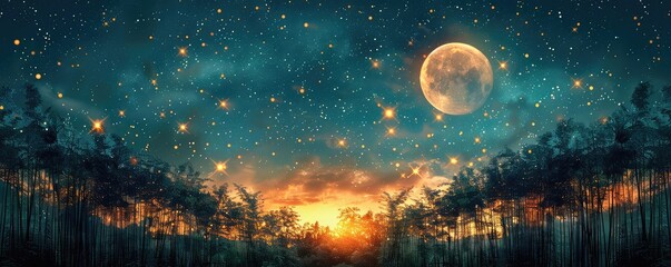 Starry night above Bamboo Forest flat design top view celestial clarity theme animation Tetradic color scheme