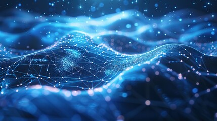 Abstract blue technology background featuring a cyber network grid with connected particles. Artificial neurons and global data connections.