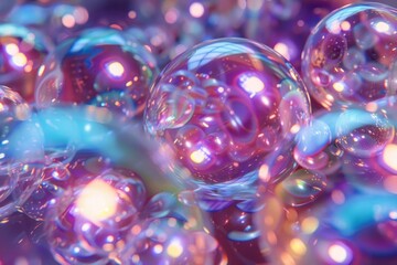 Cluster of multicolored, transparent bubbles suspended mid-air. Ethereal, dreamlike concept