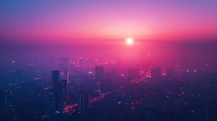 Futuristic Urban Dreamscape Bathed in Pink Neon Light at Sunset
