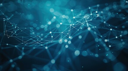 Abstract blue technology background featuring a cyber network grid with connected particles. Artificial neurons and global data connections.