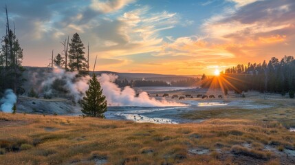 A sunset landscape at the Upper Geyser Basin in Yellowstone National Park, where steam rises from geyser vents and hot springs near a forest of lodgepole pine trees, and a herd of bison