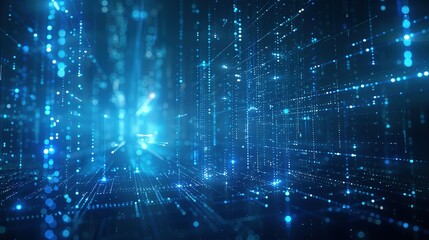 Fototapeta premium Abstract blue technology background featuring a cyber network grid with connected particles. Artificial neurons and global data connections.