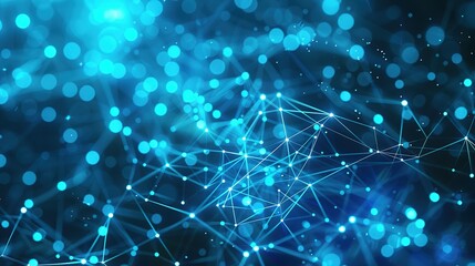 Fototapeta premium Abstract blue technology background featuring a cyber network grid with connected particles. Artificial neurons and global data connections.