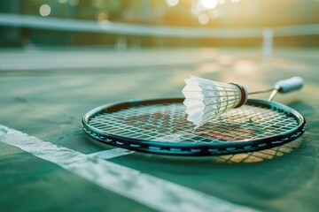 Badminton shuttlecock and badminton racket. Sports theme background