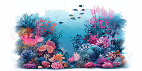 Underwater diving in coral reef, watercolor illustration, flat design