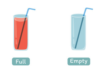 Opposite words antonym full and empty illustration of glass of juice drink