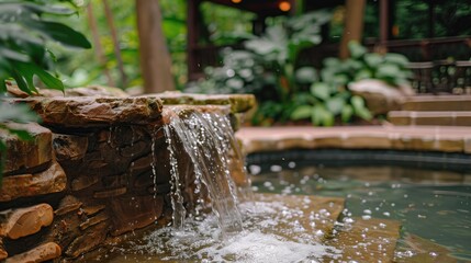 Tranquil garden with waterfall flowing into pool, surrounded by plants