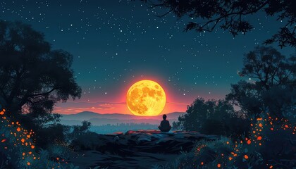 Naklejka premium Starry night over Oasis flat design top view quiet solitude theme animation Tetradic color scheme