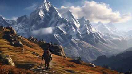 A lone hiker walking towards towering snow-capped mountains under a serene sky, capturing the essence of adventure and wilderness.