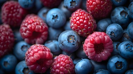 a pile of blueberries and raspberries with red berries - Powered by Adobe