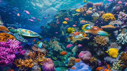Naklejka premium close-up of a vibrant tropical coral reef reveals an array of colorful fish darting among the corals, alongside graceful sea turtles and diverse marine life.