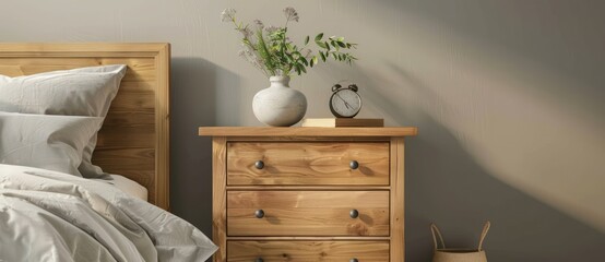 Photo of a wooden bedside table with three drawers against the grey wall near a bed mockup.
