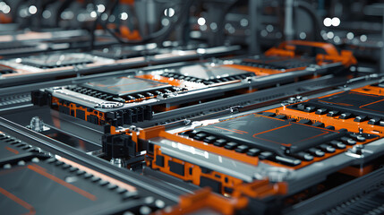 Mass production assembly line of electric vehicle battery cells close-up view