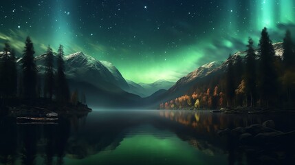 Fototapeta premium Breathtaking view of Northern Lights over serene lake surrounded by mountains and pine trees, reflecting the starry night sky.