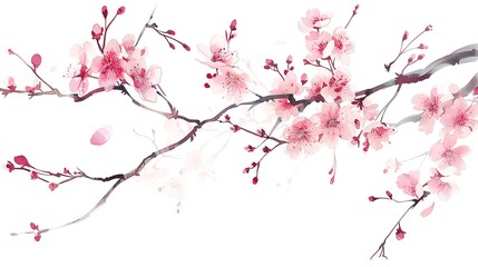 Elegant watercolor illustration of cherry blossom branches in full bloom, depicting soft pink flowers on a white background.
