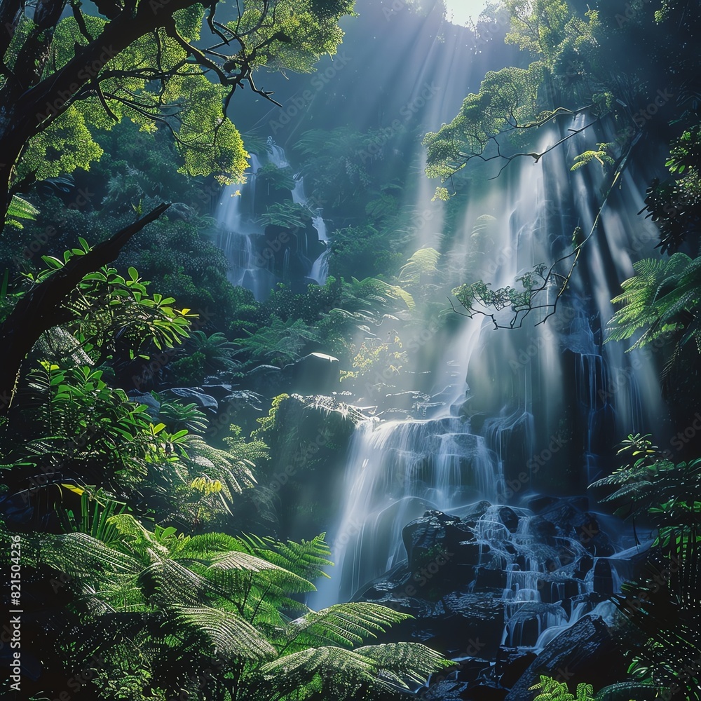 Poster light beams filter through dense rainforest canopy, illuminating a cascading waterfall surrounded by