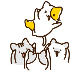 ねこ達に胴上げされるかわいいねこのキャラクターのコミカルなイラスト