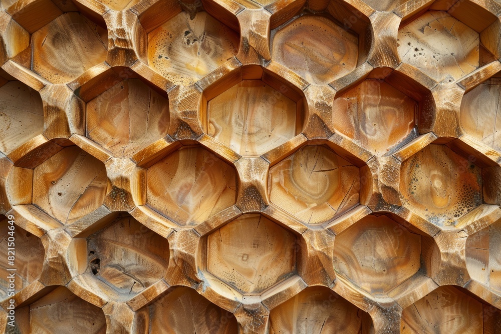 Poster macro view of a wax honeycomb, highlighting the complex, repeating geometry of the hexagonal cells. 