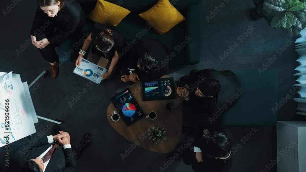 Aufkleber top down view of business team listen investor present idea while standing at whiteboard. diverse gr