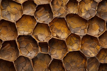 Detailed close-up of a natural honeycomb structure, showcasing its intricate, hexagonal pattern. Organic, geometric concept