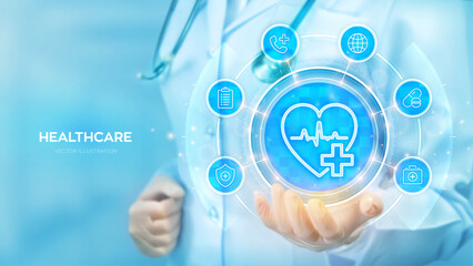 Healthcare, Medical services. Doctor holding in hand heart shape and medical icon network connection on virtual screen. Health care, Medicine technology network concept. Vector illustration.