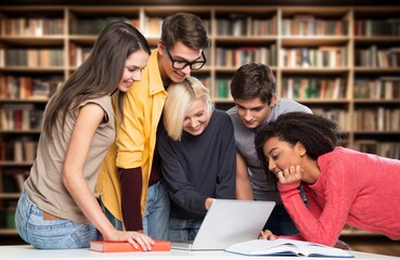 Young college friends student study together