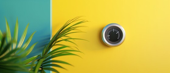 Smart thermostat on a vibrant yellow and teal wall, with green leaves in foreground, showcasing modern home technology.