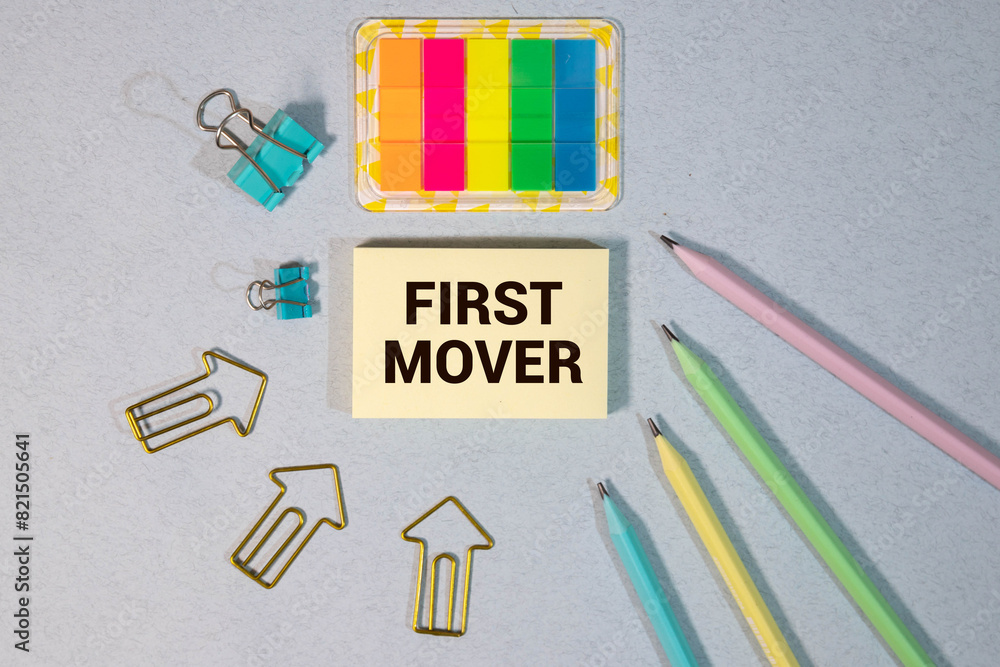 Poster text first mover on the short note texture background.