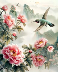 Stunning painting of a hummingbird flying among pink flowers with misty mountains in the background, capturing nature's serene beauty.