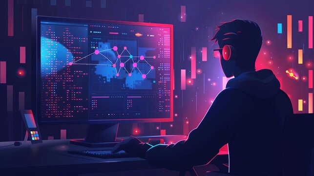 A data scientist analyzing complex datasets on a computer for machine learning,