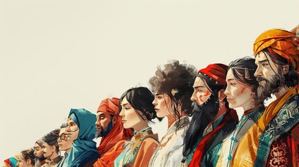 Naklejka premium A diverse group of people from different cultures interacting along the Silk Road,