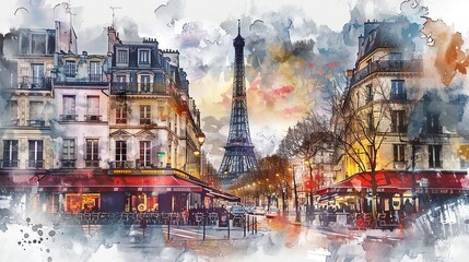 Watercolor painting of Paris street scene with Eiffel Tower, charming cafes, and classic architecture illuminated by warm evening light.