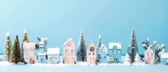 Charming snowy village lit up for the holidays against a clear blue sky, creating a picturesque winter scene perfect for seasonal festivities.