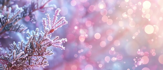 Close-up of frosty pine branch with dreamy bokeh background. Winter wonderland theme with snow and festive atmosphere.