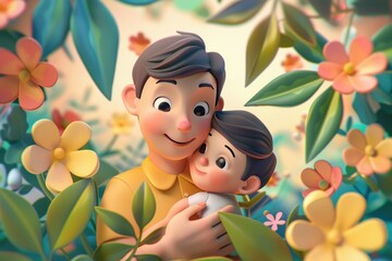 Cartoon A father holding his son, Happy Fathers Day