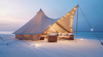 A luxurious beachside glamping tent set on white sands, featuring elegant canvas fabric and chic...