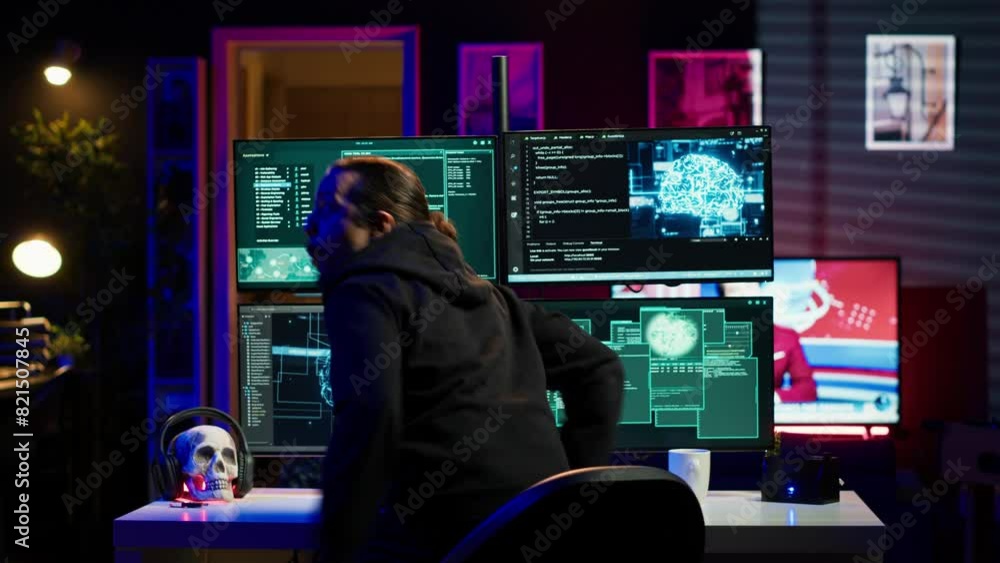 Poster hacker in hideout interrupted by police sirens from writing malware code on computer, running to esc