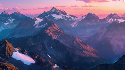 Obraz premium A majestic view of a mountain range with snow-capped peaks and a colorful alpenglow at sunrise. 