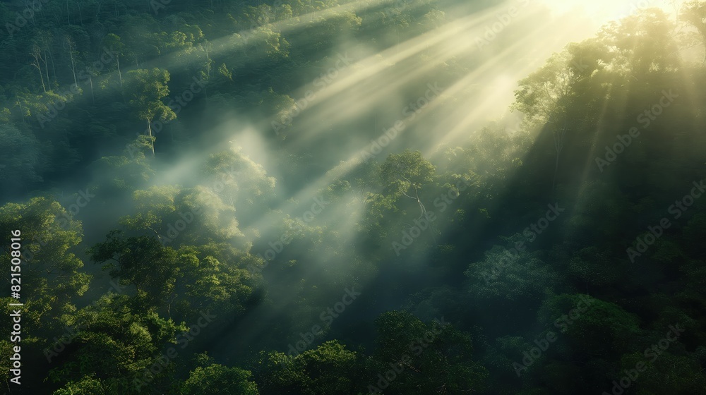 Wall mural a misty morning in a dense forest, with sunbeams filtering through the trees creating a mystical atm