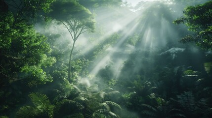 A misty morning in a dense forest, with sunbeams filtering through the trees creating a mystical atmosphere. 