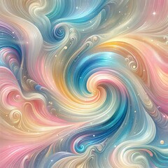 Abstract pastel swirls intertwine with holographic iridescent waves, forming a dreamy blend 