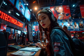 Fototapeta premium Ticketing Agent's Professional Workspace with Dynamic Industry Background