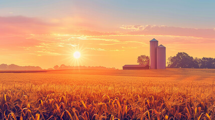 corn field golden hour with silo in background simple illustrative style --ar 16:9 --style raw --stylize 200 Job ID: 4a6528ea-305a-4231-9495-6052a245edaa