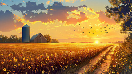 corn field golden hour with silo in background simple illustrative style --ar 16:9 --style raw --stylize 200 Job ID: 4c8f79d3-0ed2-4fcd-bf39-3de65f055062