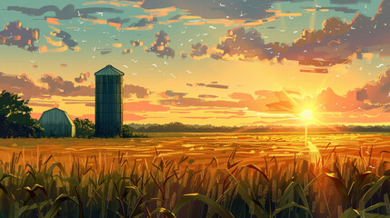 corn field golden hour with silo in background simple illustrative style --ar 16:9 --style raw --stylize 200 Job ID: fdbe02fd-262a-44b2-b3b1-5184ef52c173