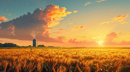 corn field golden hour with silo in background simple illustrative style --ar 16:9 --style raw --stylize 200 Job ID: 79fbe6f5-8601-44de-848d-4d2e51be2018